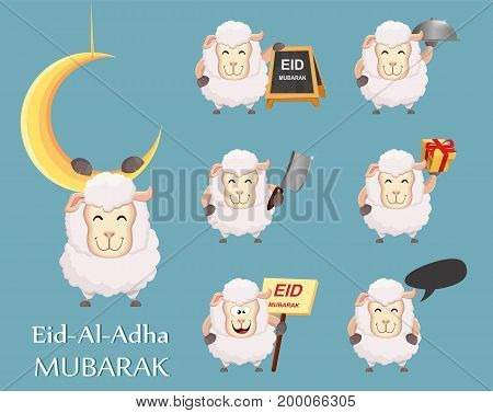 Festival of sacrifice Eid al-Adha. Traditional muslin holiday. Set of funny sheep. Vector illustration