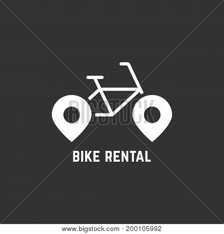 white bike rental logotype with pin. concept of biking, bycicle sale, rent-a-bike, trip, company mark, repair, guide. isolated on black background. flat style modern brand design vector illustration
