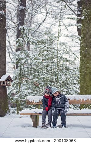 Two Children, Boy Brothers, Sitting On A Bench In Park, Wintertime While Snowing