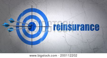 Success Insurance concept: arrows hitting the center of target, Blue Reinsurance on wall background, 3D rendering