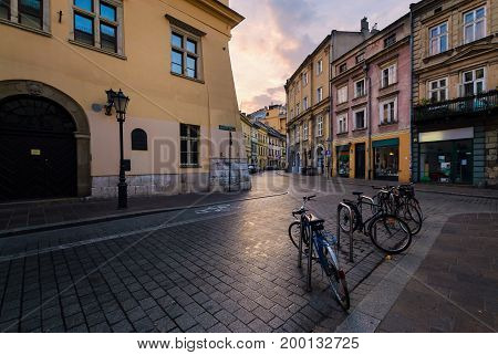 Old streets in Krakow. Poland in the early morning.