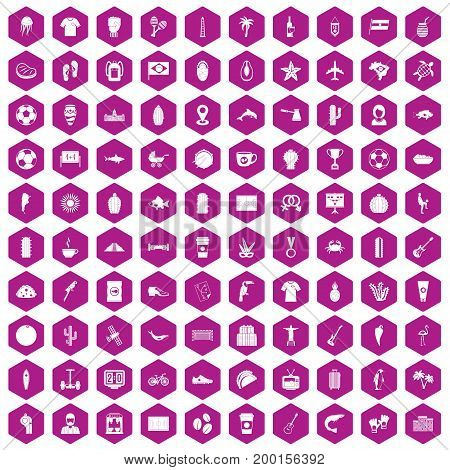 100 South America icons set in violet hexagon isolated vector illustration