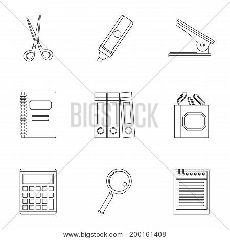 Office stuff icon set. Outline style set of 9 office stuff vector icons for web isolated on white background