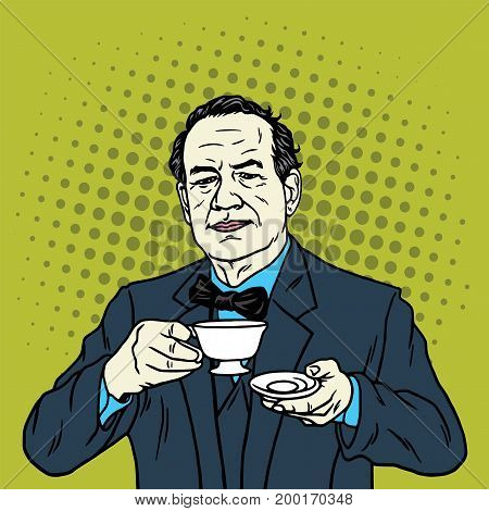 Man Drinking a Cup of Tea. Coffee Break. Vector Pop Art Illustration