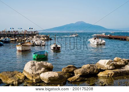 Sorrento Italy - June 18 2016: View of the volcano Vesuvio from the harbor of Marina Grande
