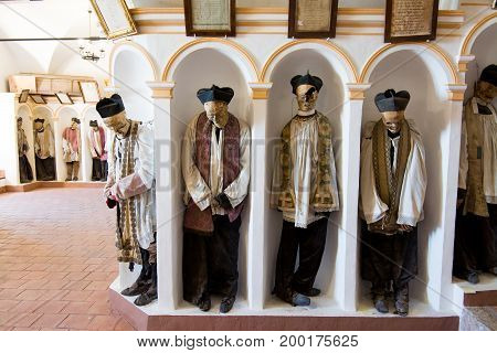 GANGI ITALY - July 03 2016: The crypt of the mother church where all priests are buried mummified.