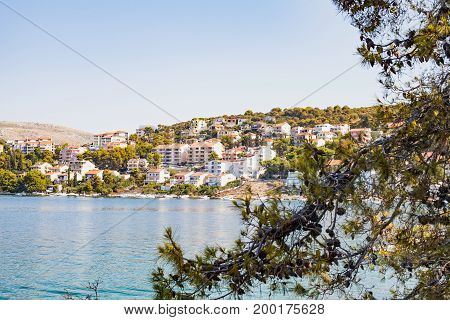 Scenic picture of dalmatian coastline adriatic seashore near Trogir Croatia on summertime