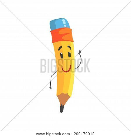 Cute kindly cartoon yellow pencil character, humanized funny pencil vector Illustration on a white background