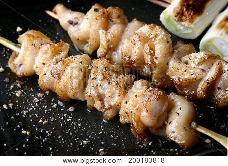 Chicken Skin Grilled Or Torikawa Yakitori.