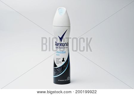 Hai, Ukraine - August 10, 2017: Close-up Photo Of Deodorant Rexona On The White Background.