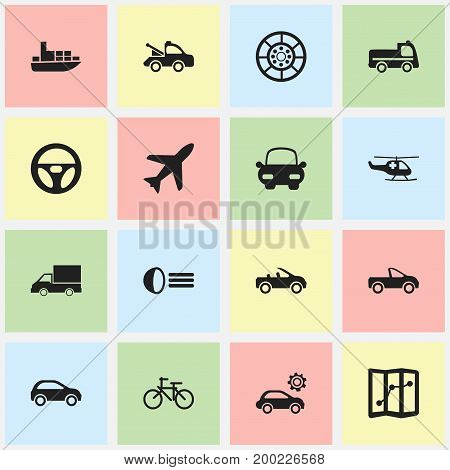 Set Of 16 Editable Transport Icons. Includes Symbols Such As Garage, Bogie, Drophead Coupe And More