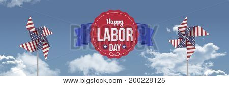 Digital composite of Happy labor day text and USA wind catchers in front of sky