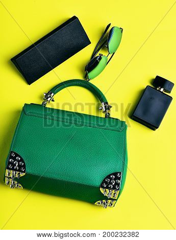 Small Womans Leather Green Bag With Sunglasses, Perfume And Case