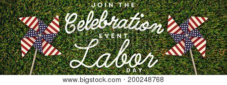 Digital composite image of join celebratio event labor day text against full frame shot of grassy field