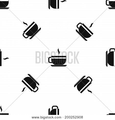Tea cup and saucer pattern repeat seamless in black color for any design. Vector geometric illustration