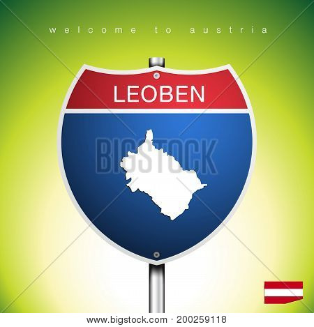 An Sign Road America Style with state of Austria with green background and message LEOBEN and map vector art image illustration
