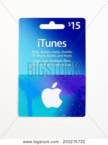 MONTREAL CANADA - JULY 30 2017 : iTunes 25 dollar gift card on a white background