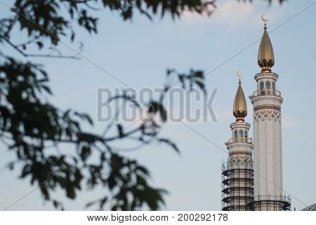 Golden Minaret Symbol Of Islam Is The Moon Rising Golden Crescent.