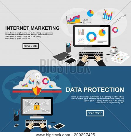 Banner for internet marketing and data protection. Flat design illustration concepts for finance, business statistics, data analysis, internet marketing, data protection, data security, internet security.