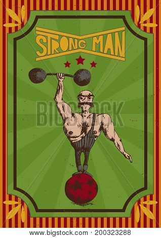 vector illustration of hand drawn man on a vintage red orange and green poster with the inscription strong man