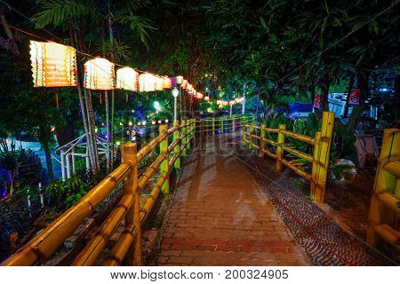 Night park decorated with paper lanterns on Mid-Autumn Festival at Thean Hou Temple Kuala Lumpur Malaysia.