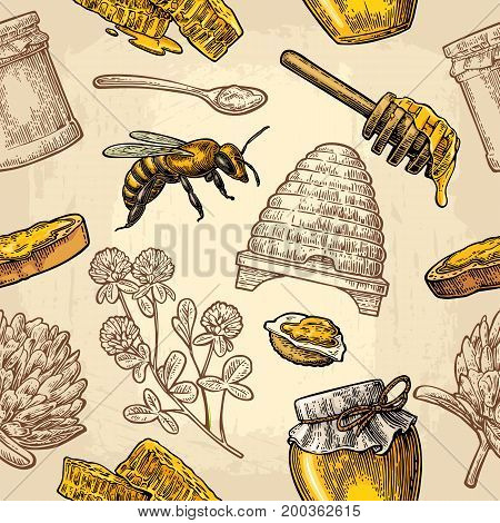 Seamless Pattern with honey bee hive clover spoon cracker bread and honeycomb. Vector vintage color engraving illustration on beige background