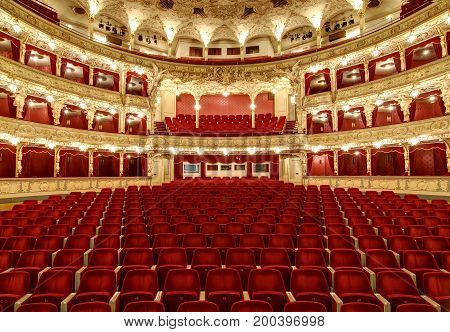 PRAGUE CZECH REPUBLIC - DECEMBER 21 2016: The State Opera Prague - Empty auditorium before reconstruction