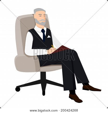 Psychoanalyst sitting in chair and doing remarks on survey