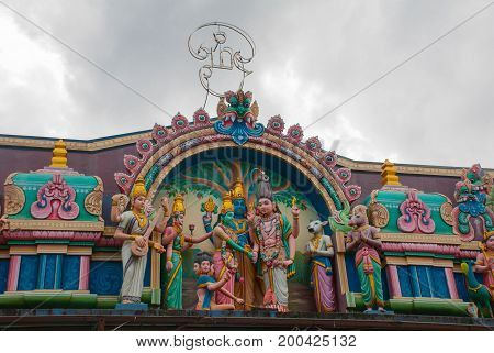 The Indian Temple. A Fragment With Colorful Sculptures. Kuching, Borneo, Sarawak, Malaysia