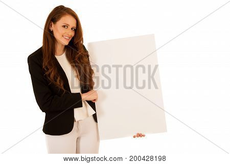 Attractive Business Woman Holding White Banner With Copy Spave For Additional Text Or Graphic Isolat