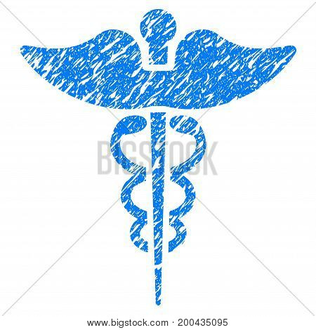 Grunge Caduceus icon with grunge design and scratched texture. Unclean vector blue pictogram for rubber seal stamp imitations and watermarks. Draft emblem symbol.