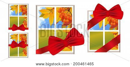 Window with red ribbon and bow as a gift with a landscape autumn view branch of rowan. Set illustrations over white background. Vector.