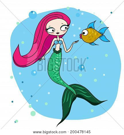 Cute Mermaid with friendly fish. Fairy undine princess. Vector illustration in cartoon hand drawn style