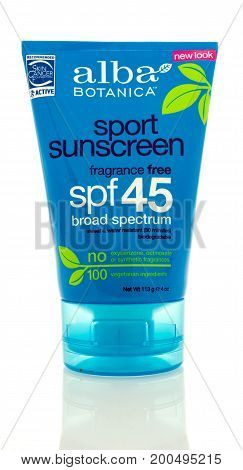 Winneconne WI - 19 August 2017: A tube of Alba botanica sport sunscreen on an isolated background