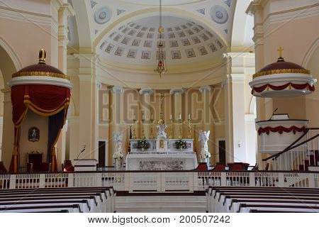 BALTIMORE, MARYLAND - JUL 2: Basilica of the National Shrine of the Assumption of the Blessed Virgin Mary, in Baltimore, Maryland, as seen on July 2, 2017. It is considered the masterpiece of Benjamin Henry Latrobe.