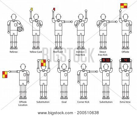 referee football signals. line modern icon set. soocer action on white background. vector illustration.