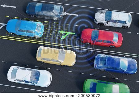 Autonomous self-driving car is analyzing traffic situation on the road. 3D rendered illustration.