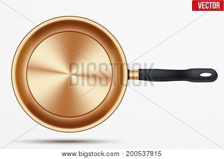 Classic brass fry pan with handle. Top view and round shape. Kitchen and domestic symbol. Vector Illustration isolated on background.