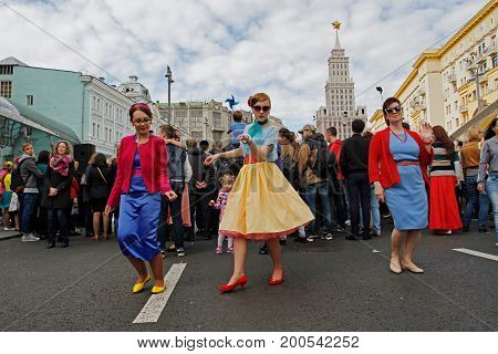 Moscow Russia - September 10 2016: Women dancing in installation dedicated to the film 