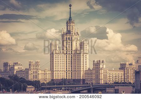 Kotelnicheskaya Embankment Building in Moscow, Russiaa. It is one of seven skyscrapers built in the Stalin era in Moscow. Old Soviet architecture.