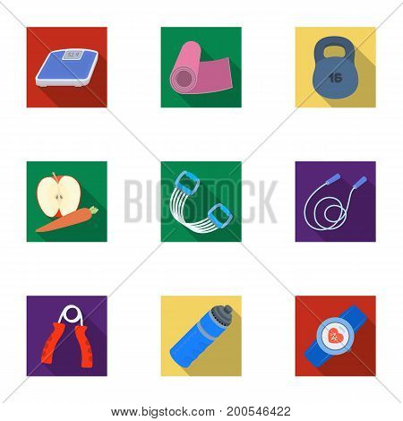 Jump rope, ball, scales other items for health.Gym And Workout set collection icons in flat style vector symbol stock illustration.
