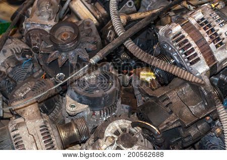 Close op of a stack of old engine parts