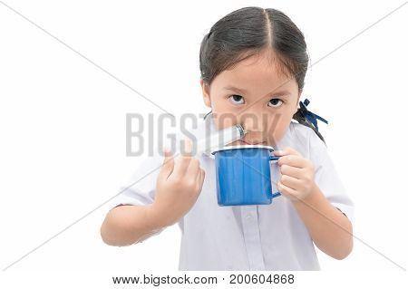 Asian Student Girl Flushing Her Nose With Syringe And Saline Isolated