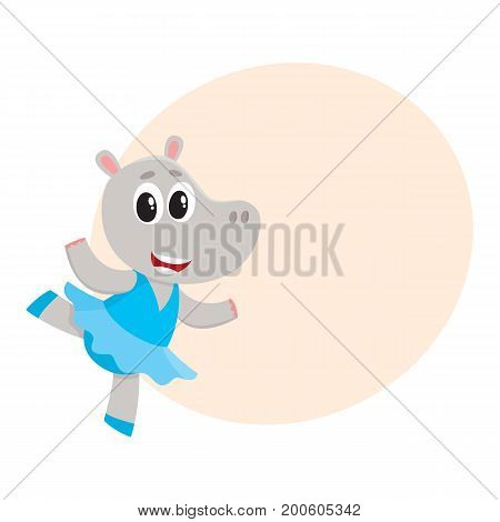Happy cute little hippo character, ballet dancer in pointed shoes and tutu skirt, cartoon vector illustration with space for text. Little hippo baby animal, ballet dancer, ballerina in tutu