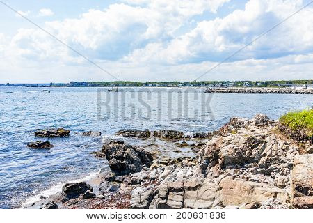 Cityscape Or Skyline Of Kennebunkport Town Beach With Ship And Coast