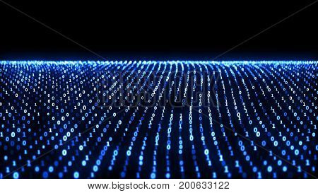Abstract animation of the binary code waves with binary digits 1 and 0 and motion binary code on background. Symbolizes the ocean. Digital backdrop. 3d rendering