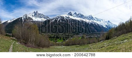 Panoramic view of Chamonix and Alps the highest and most extensive mountain range system that lies entirely in Europe
