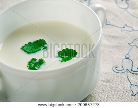 Minty Garlicky Yogurt Sauce.Kyrgyzstan. middle Asia  close up meal