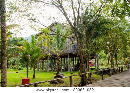 Traditional Wooden Houses And Wooden Road. Kuching To Sarawak Culture Village. Malaysia