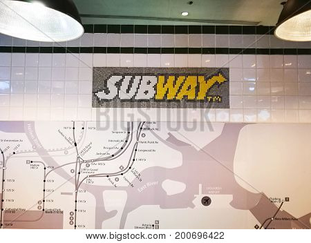 Bangkok Thailand - July 18 2017 : Subway Fast Food Restaurant Sign. Subway Is An American Fast Food Franchise Offering Sub Sandwiches And Salads. Subway Has Over 43000 Restaurants Worldwide